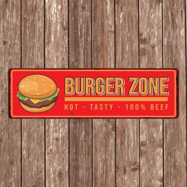 Burger Zone Metal Sign - Retro Hot Tasty Beef Wall Art, Diner Kitchen Grill Decor, Bbq Hamburger - image 1