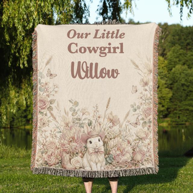 Personalized Cowgirl Blanket, Custom Name Western Bunny Nursery Throw, Little Baby Girl Keepsake, Boho Floral Blanket - image 1