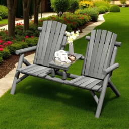 Wooden Garden Bench With Built-In Table Outdoor Loveseat - thumbnail 2