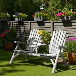 Wooden Garden Bench With Built-In Table Outdoor Loveseat - thumbnail 3