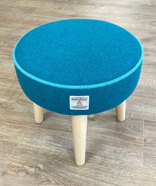 Teal Harris Tweed Footstool With Turquoise Piping & Varnished Wooden Legs - image 1