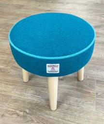 Teal Harris Tweed Footstool With Turquoise Piping & Varnished Wooden Legs - thumbnail 1