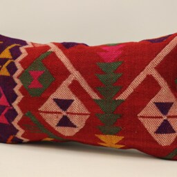 Vintage Turkish Kilim Pillow Cover, Wool Lumbar Cushion - 12x20 In - thumbnail 3