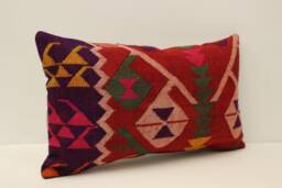 Vintage Turkish Kilim Pillow Cover, Wool Lumbar Cushion - 12x20 In - thumbnail 1