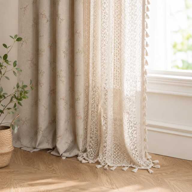 Vintage Patchwork Curtains With Tassels, Rod Pocket Hollow, Rustic Boho Semi-Blackout Drapes - image 1