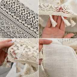 Vintage Patchwork Curtains With Tassels, Rod Pocket Hollow, Rustic Boho Semi-Blackout Drapes - thumbnail 4