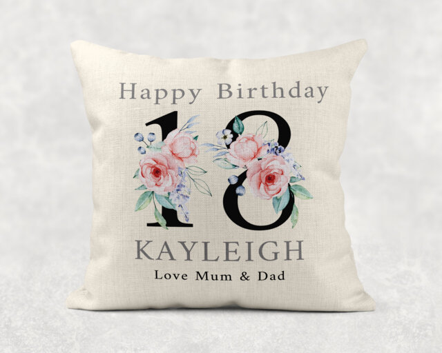 Personalised Floral Birthday Pillow Custom Name & Age Linen Cushion - image 1