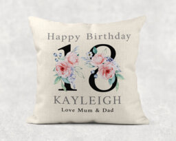 Personalised Floral Birthday Pillow Custom Name & Age Linen Cushion - thumbnail 1