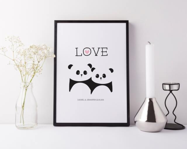 Panda Bear Love Print - Personalised Print Anniversary Gift Wedding Valentines Pandas Black & White UK Wink Design - image 1