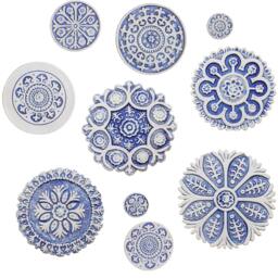 10 Collectibles Circle Wall Sculpture Made From Ceramic, Ceramic Tile For Outdoor Decor, Kitchen Design Suzani Mix Blue&white