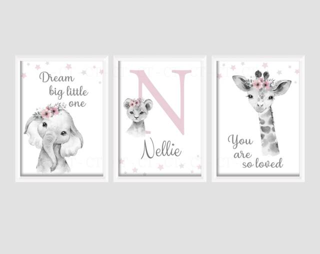 Safari Jungle Animal Elephant Giraffe Baby Girls A4 Or A3 Nursery Set Of Unframed Prints Black & White Pink Flower Dream Big Love Quote Text - image 1