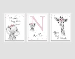 Safari Jungle Animal Elephant Giraffe Baby Girls A4 Or A3 Nursery Set Of Unframed Prints Black & White Pink Flower Dream Big Love Quote Text - thumbnail 1