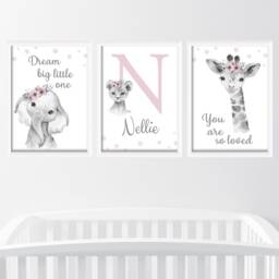 Safari Jungle Animal Elephant Giraffe Baby Girls A4 Or A3 Nursery Set Of Unframed Prints Black & White Pink Flower Dream Big Love Quote Text - thumbnail 2
