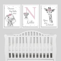 Safari Jungle Animal Elephant Giraffe Baby Girls A4 Or A3 Nursery Set Of Unframed Prints Black & White Pink Flower Dream Big Love Quote Text - thumbnail 3