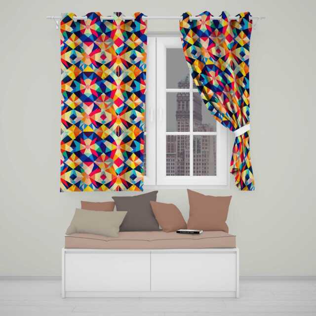 Geometric Star Pattern Bright Symmetry Kaleidoscope Seamless Readymade Eyelet Ring Top Thermal 100% Blackout Curtains - image 1