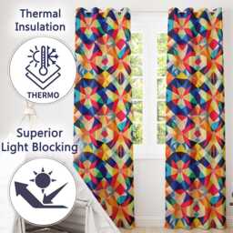 Geometric Star Pattern Bright Symmetry Kaleidoscope Seamless Readymade Eyelet Ring Top Thermal 100% Blackout Curtains - thumbnail 3