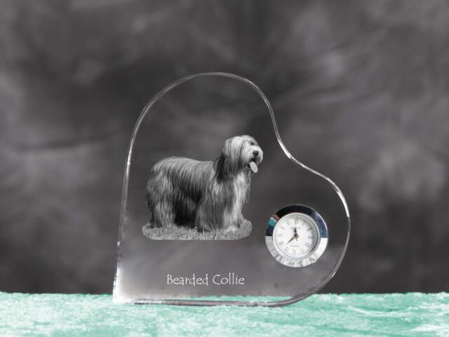 Bearded Collie - Crystal Clock in The Shape Of A Heart With Image Pure-Bred Dog - image 1