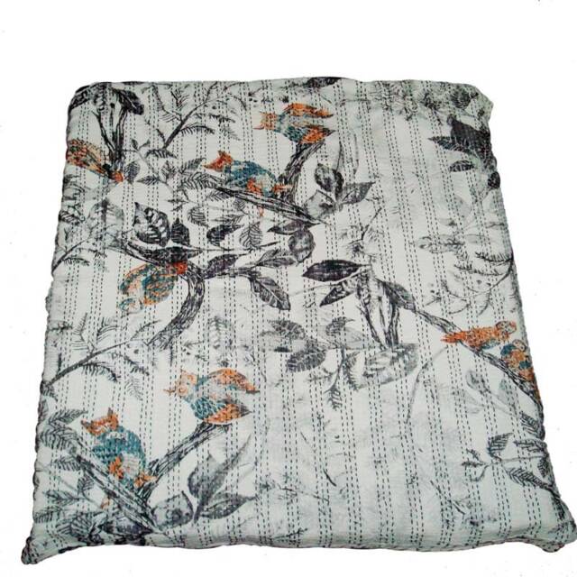 Owl Print Kantha Bed Cover Handmade Indian Cotton Quilt - 90x108 Inch - image 1