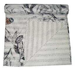 Owl Print Kantha Bed Cover Handmade Indian Cotton Quilt - 90x108 Inch - thumbnail 3