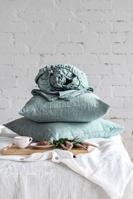 Linen Sheets Set - Fitted Sheet, Flat 2 Pillowcases Stonewashed Bedding Custom Melange Green Bed Wedding Gift - image 1