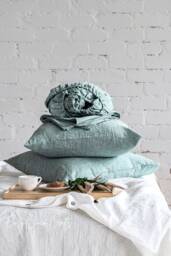 Linen Sheets Set - Fitted Sheet, Flat 2 Pillowcases Stonewashed Bedding Custom Melange Green Bed Wedding Gift