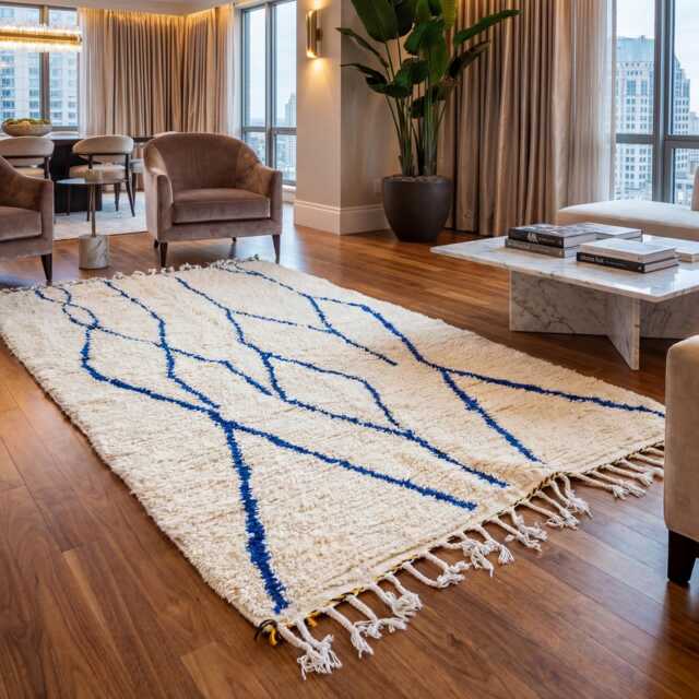Moroccan Beni Ourain Rug - Handmade Berber Wool Carpet, Cream & Blue Minimalist Tribal Area - image 1