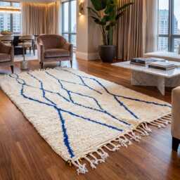 Moroccan Beni Ourain Rug - Handmade Berber Wool Carpet, Cream & Blue Minimalist Tribal Area - thumbnail 1