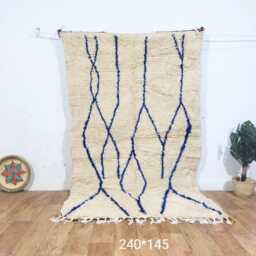 Moroccan Beni Ourain Rug - Handmade Berber Wool Carpet, Cream & Blue Minimalist Tribal Area - thumbnail 2