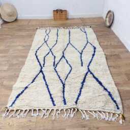 Moroccan Beni Ourain Rug - Handmade Berber Wool Carpet, Cream & Blue Minimalist Tribal Area - thumbnail 3