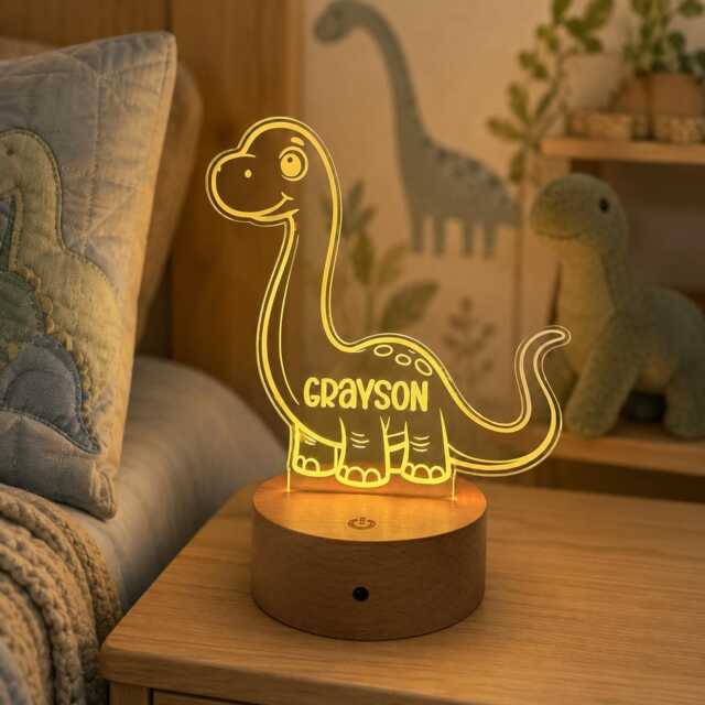 Personalised Dinosaur Night Light - Kids Nursery Lamp Custom Name Led Baby Room Decor Colour Changing - image 1