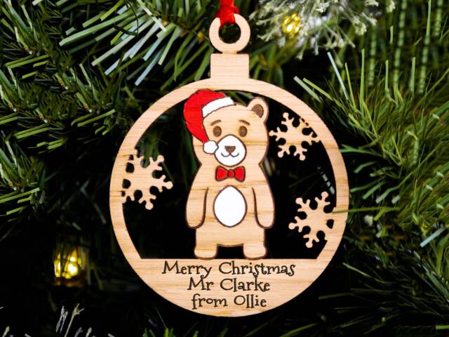 Teachers End Of Term Christmas Gift, Tree Decoration, Personalised Oak Present, Engraved Xmas Ornament, Stocking Filler, Boy Male - image 1