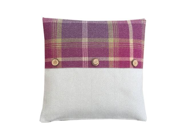 Balmoral Handmade Tartan Plaid Throw Pillow Cover Amethyst Purple, Coconut Button Trim - image 1