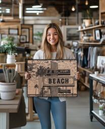 Surf Beach Sign Wall Art - Surfing Themed, Engraved Wood Lithograph Illustration, Large Painting, Coastal Lifestyle Print - thumbnail 1