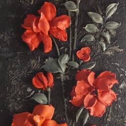 Red 3D Flowers On A Black Background, Roses, Sculptural Plaster Painting, With Decorative Plaster, Wall Decor, Volumetric - thumbnail 3