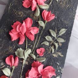 Red 3D Flowers On A Black Background, Roses, Sculptural Plaster Painting, With Decorative Plaster, Wall Decor, Volumetric - thumbnail 4