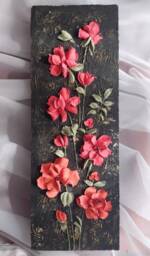 Red 3D Flowers On A Black Background, Roses, Sculptural Plaster Painting, With Decorative Plaster, Wall Decor, Volumetric - thumbnail 1