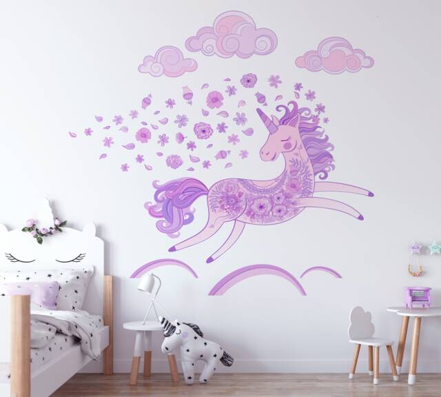 Unicorn, Flowers & Clouds Repositionable Fabric Wall Decal For Nursery Or Girl's Room, Eco Friendly Reusable Sticker - image 1