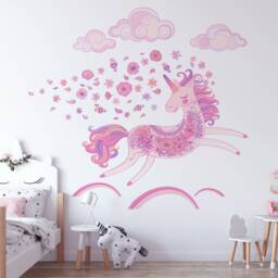Unicorn, Flowers & Clouds Repositionable Fabric Wall Decal For Nursery Or Girl's Room, Eco Friendly Reusable Sticker - thumbnail 3
