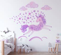 Unicorn, Flowers & Clouds Repositionable Fabric Wall Decal For Nursery Or Girl's Room, Eco Friendly Reusable Sticker