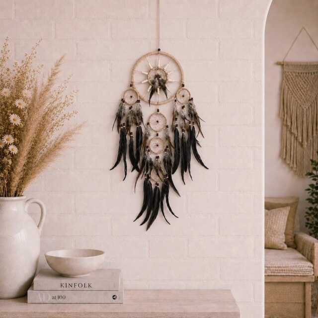 Neutral Dream Catcher Wall Decor, Beige Suede Feather Hanging, Tree Of Life Dreamcatcher For Bedroom Nursery Boho Decor - image 1