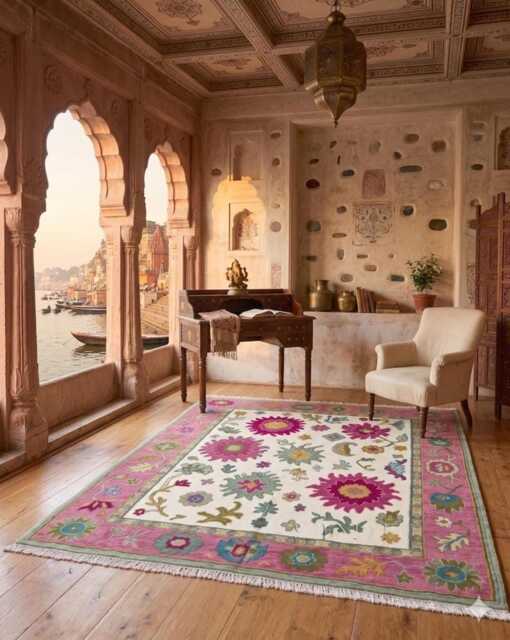 Hand-Knotted Wool Oushak Rug, Floral Design, Teal Pink Berry Bliss - 12x15 Ft - image 1