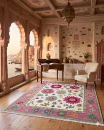 Hand-Knotted Wool Oushak Rug, Floral Design, Teal Pink Berry Bliss - 12x15 Ft - thumbnail 1
