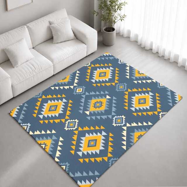 Blue Mustard Southwestern Diamond Pattern Rug Non-Slip Soft Area Carpet Bedroom Living Room Hallway Mat Decor - Made in UK - image 1
