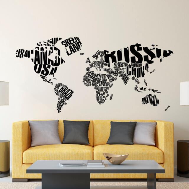 World Map Letters Wall Decal Typography Country Names Map, Travel Inspired Home Decor C128 - image 1