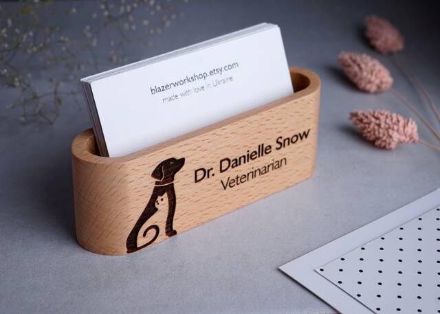 Solid Wood Personalized Veterinarian Gift, Vet Tech Veterinary Pet Doctor, Desktop Business Card Holder, Animal Doctor Desk Stand - image 1