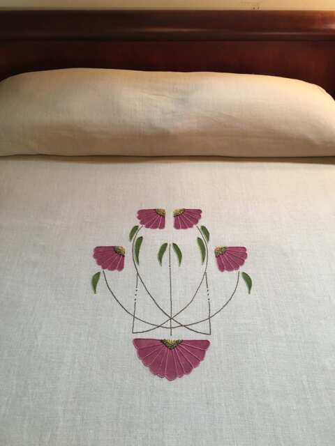 Hand Embroidered & Stenciled Bedspread Cone Flower - image 1