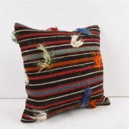 Handmade Turkish Kilim Pillow Embroidered Wool Cushion Cover - 18''x18'' - thumbnail 2