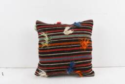 Handmade Turkish Kilim Pillow Embroidered Wool Cushion Cover - 18''x18'' - thumbnail 1
