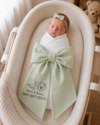 Custom New Best Friend Embroidered Newborn Bow Sash, Dog Lover Siblings Swaddle, Name Baby Keepsake, Shower Gift - thumbnail 1