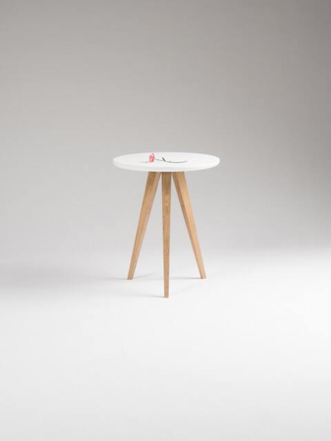 Round White Accent Table - Solid Oak Legs, Small Side - image 1
